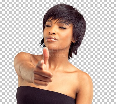 Buy stock photo Pointing, choice and woman with finger gun for you as a winner, promotion and isolated in a transparent or png background. Cool, portrait and young female person for decision or cool opportunity