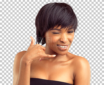 Buy stock photo Portrait, happy woman wink or call me hand gesture or sexy emoji icon for communication, contact or flirt conversation. Connection, face or flirting person isolated on transparent, png background