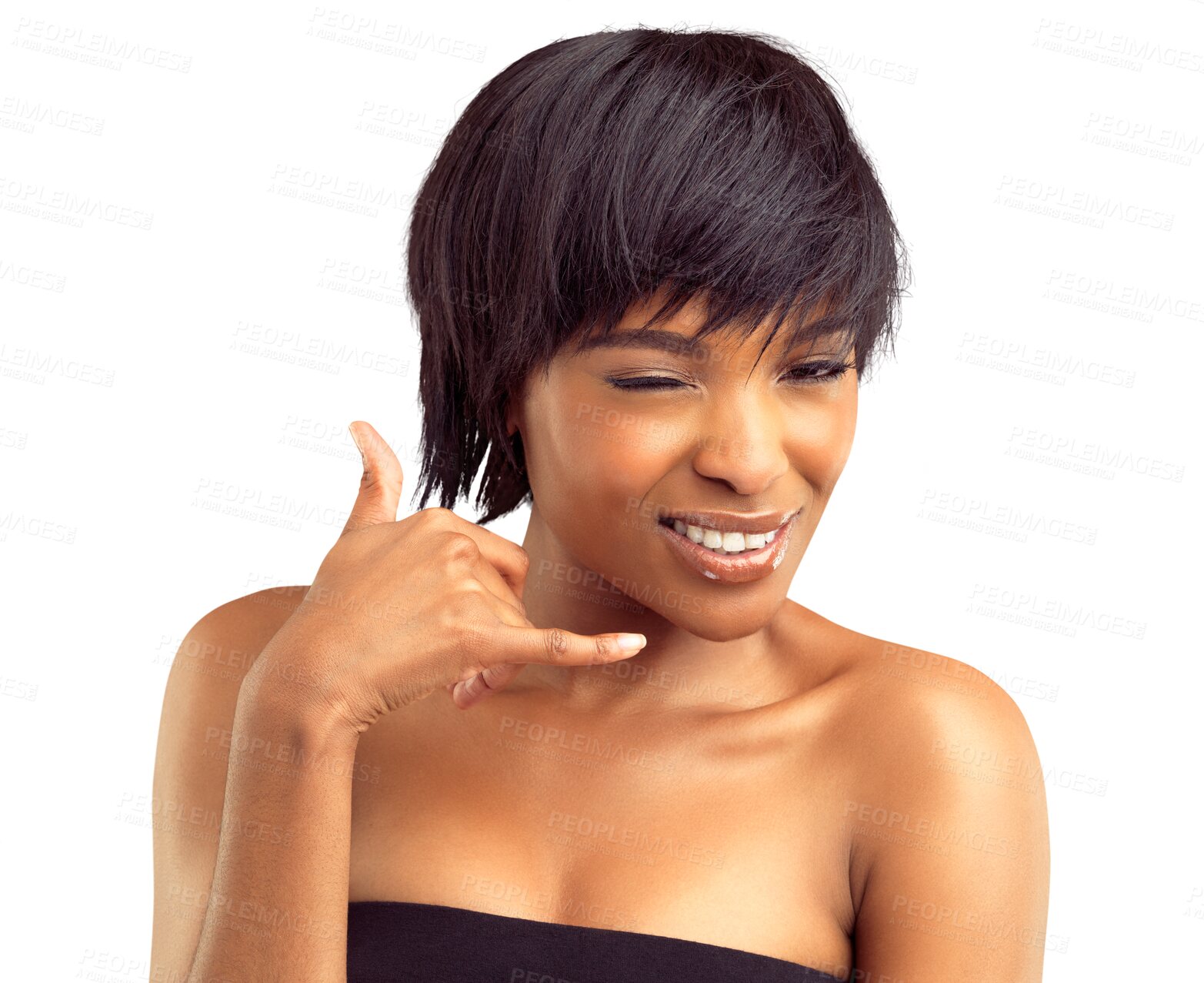 Buy stock photo Portrait, happy woman wink or call me hand gesture or sexy emoji icon for communication, contact or flirt conversation. Connection, face or flirting person isolated on transparent, png background