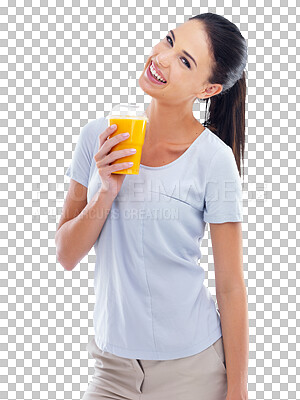 Buy stock photo Wellness, portrait and woman with an orange smoothie for diet, nutrition and liquid fruit detox. Health, smile and young female person with a vitamin c juice isolated on a transparent png background