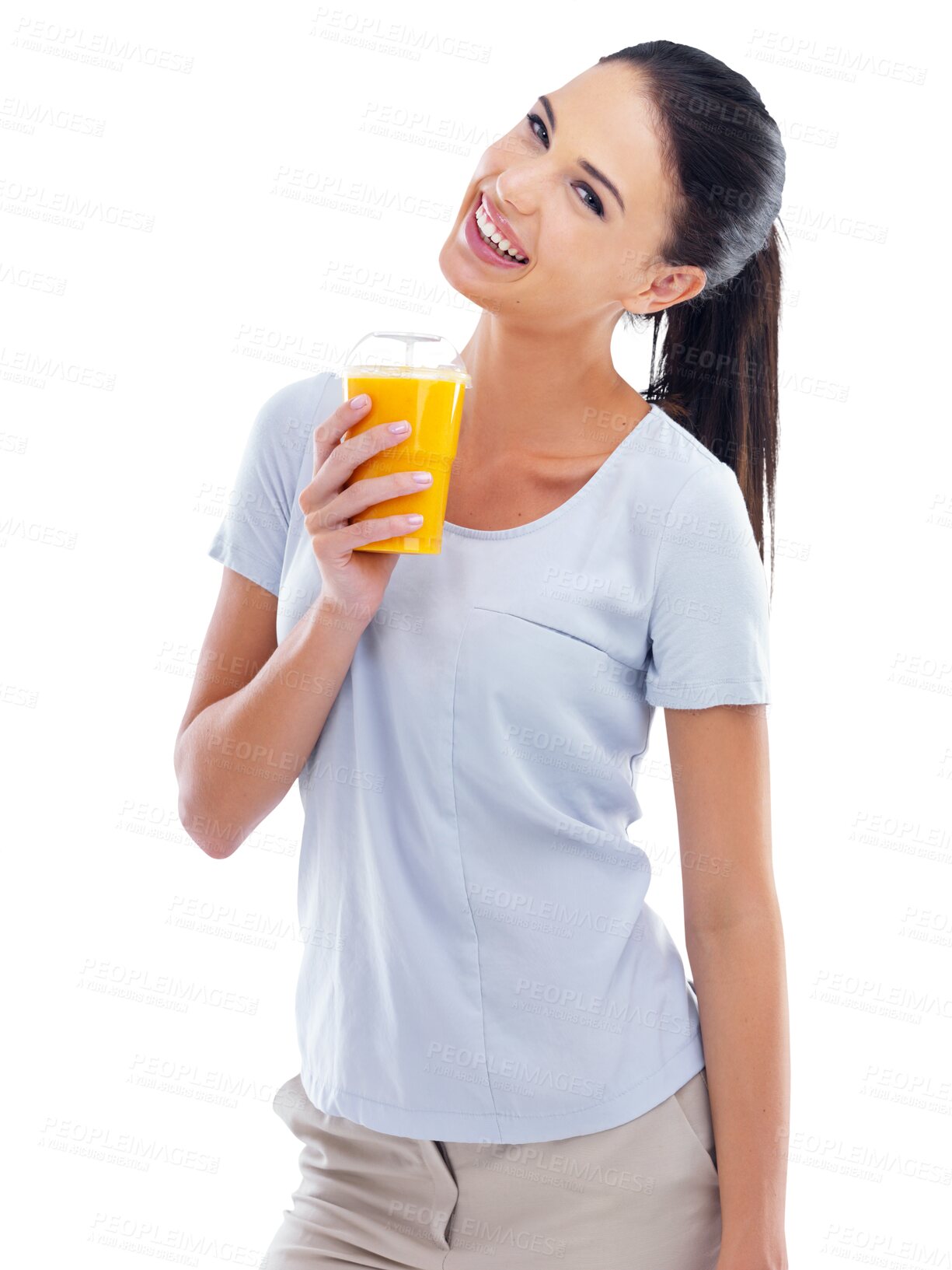 Buy stock photo Wellness, portrait and woman with an orange smoothie for diet, nutrition and liquid fruit detox. Health, smile and young female person with a vitamin c juice isolated on a transparent png background