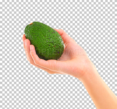 Buy stock photo Hand, avocado and vegetable for diet, nutrition or fiber isolated on a transparent PNG background. Hands of person holding organic natural green healthy fruit or food for vegan, eating or salad snack