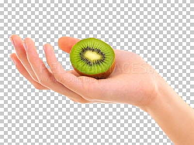 Buy stock photo Hand, kiwi and nutrition for diet, vitamin C or fiber isolated on a transparent PNG background. Hands of person holding natural healthy organic fruit or food for vegan salad, eating or sustainability