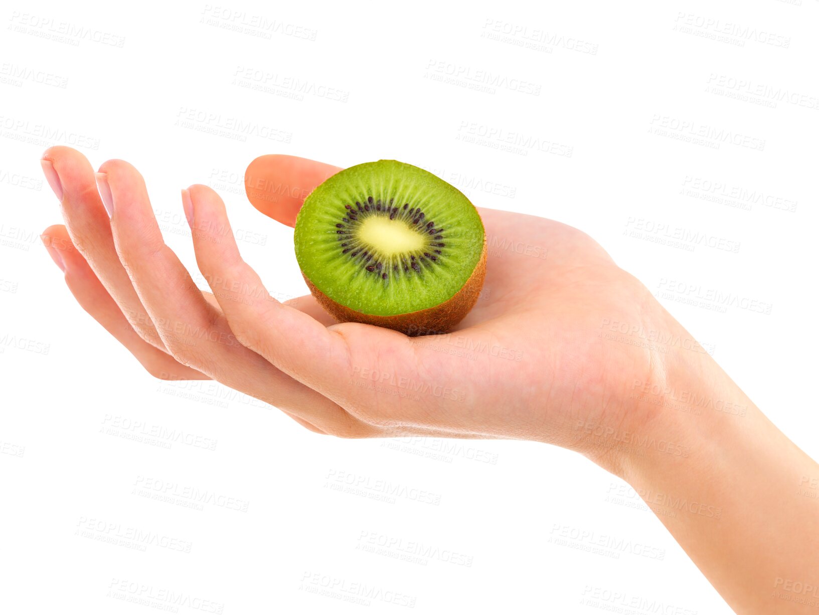 Buy stock photo Hand, kiwi and nutrition for diet, vitamin C or fiber isolated on a transparent PNG background. Hands of person holding natural healthy organic fruit or food for vegan salad, eating or sustainability