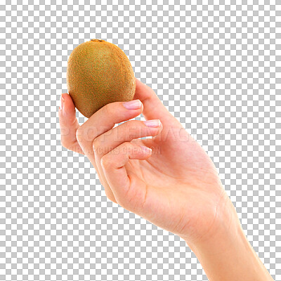 Buy stock photo Hand, kiwi and natural nutrition for diet, vitamin C or fiber isolated on a transparent PNG background. Hands of person holding healthy organic fruit or food for vegan salad, eating or sustainability