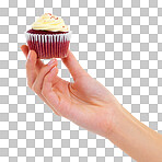 PNG Closeup studio shot of a woman holding up a cupcake