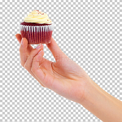 Buy stock photo Hand, cupcake and dessert closeup of red velvet isolated on a transparent, png background. Sweet food, baker and white icing on cake for sugar and treat holding snack with cream and sprinkles