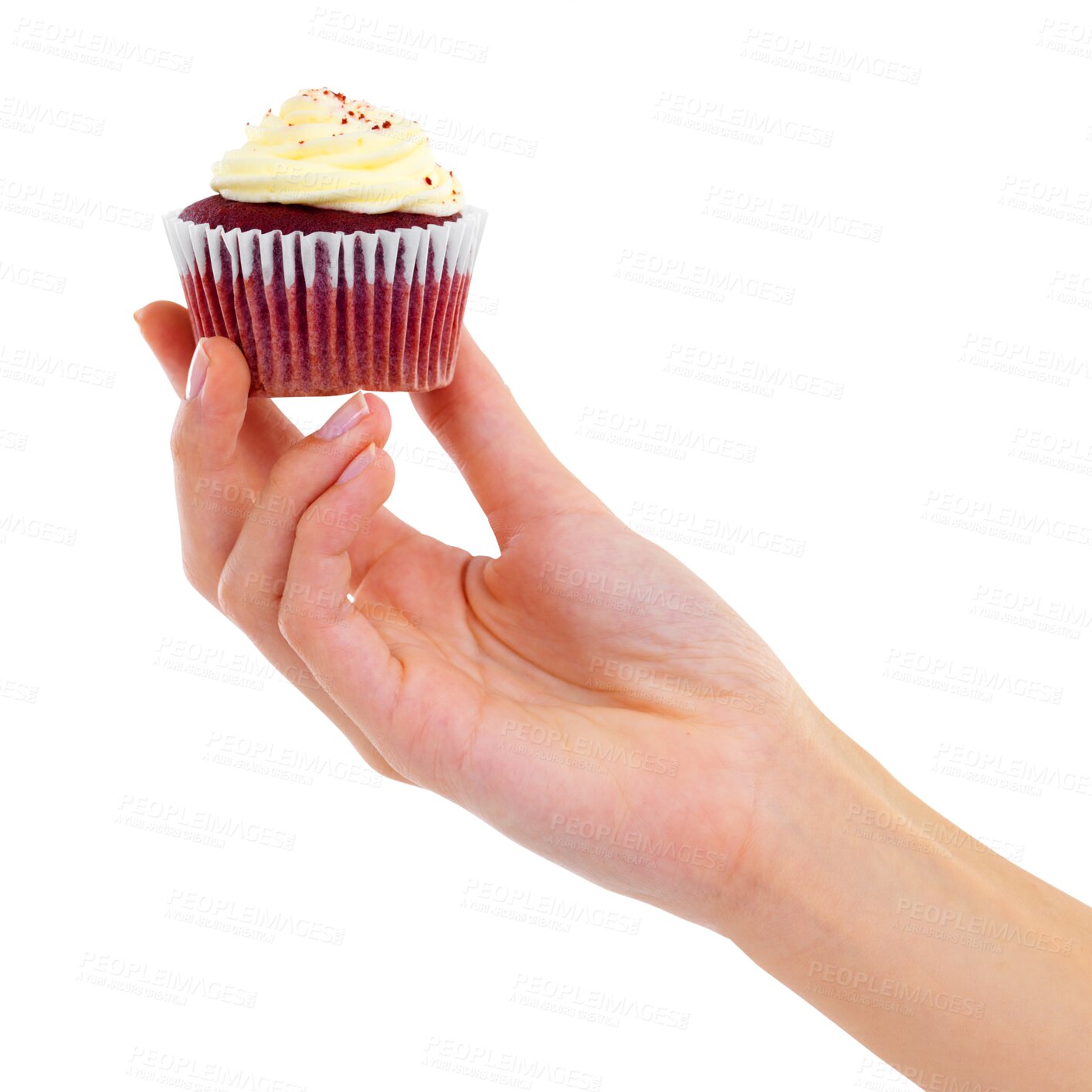 Buy stock photo Hand, cupcake and dessert closeup of red velvet isolated on a transparent, png background. Sweet food, baker and white icing on cake for sugar and treat holding snack with cream and sprinkles