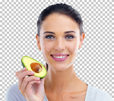 Buy stock photo Happy woman, face and portrait smile with avocado for natural nutrition isolated on a transparent PNG background. Female person or model smiling with healthy organic vegetable for food, diet or fiber