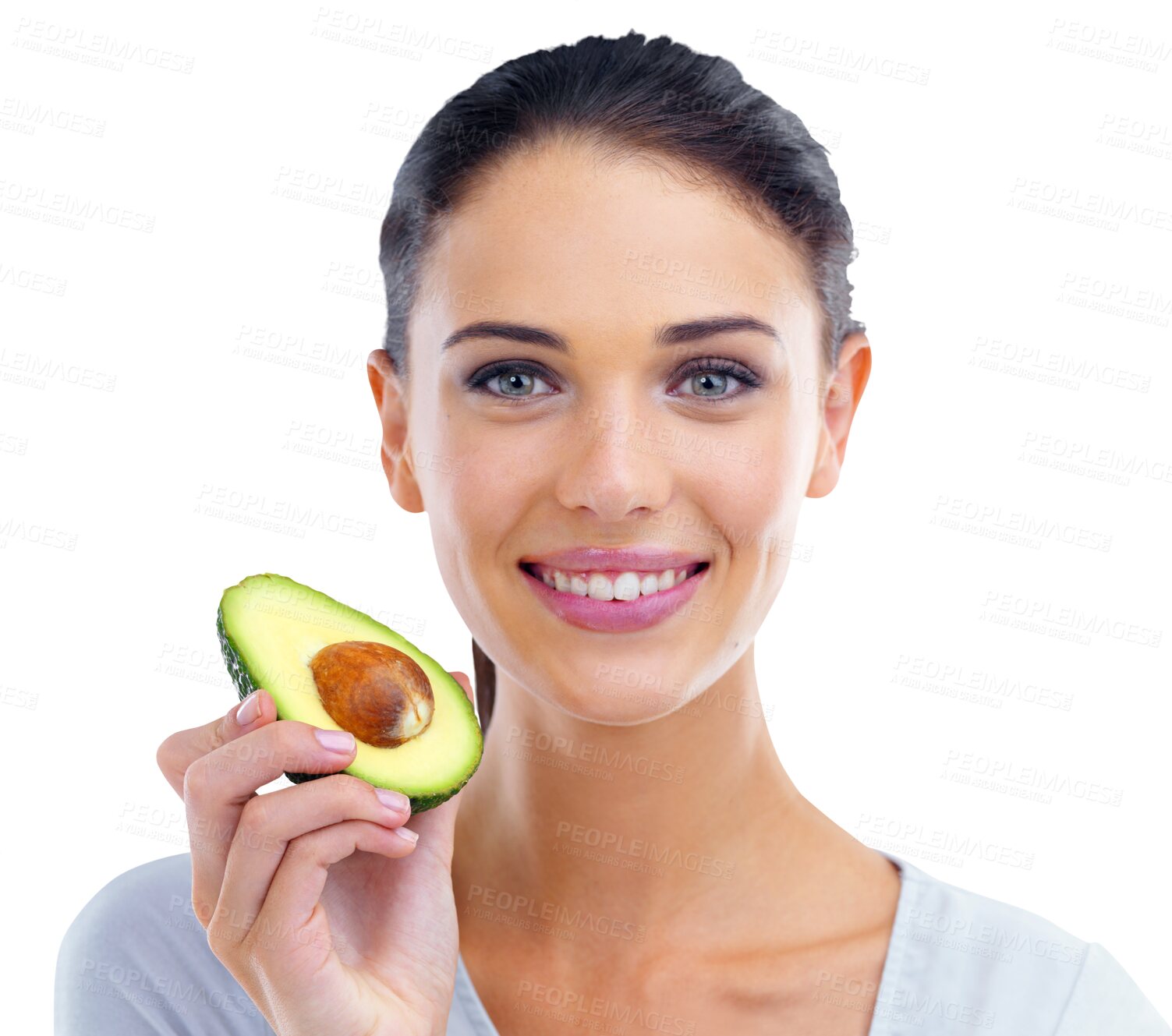 Buy stock photo Happy woman, face and portrait smile with avocado for natural nutrition isolated on a transparent PNG background. Female person or model smiling with healthy organic vegetable for food, diet or fiber