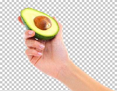 Buy stock photo Hand, avocado and vegetable for natural nutrition, diet or fiber isolated on a transparent PNG background. Hands of person holding organic green food for vegan, eating or dieting and sustainability