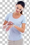 Cropped view of a woman wearing a smartwatch isolated on a transparent PNG background