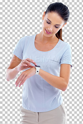 Buy stock photo Smart watch, check time and woman for schedule on isolated, png and transparent background. Clock, punctual and busy female person with wristband planning for alarm reminder, appointment and meeting