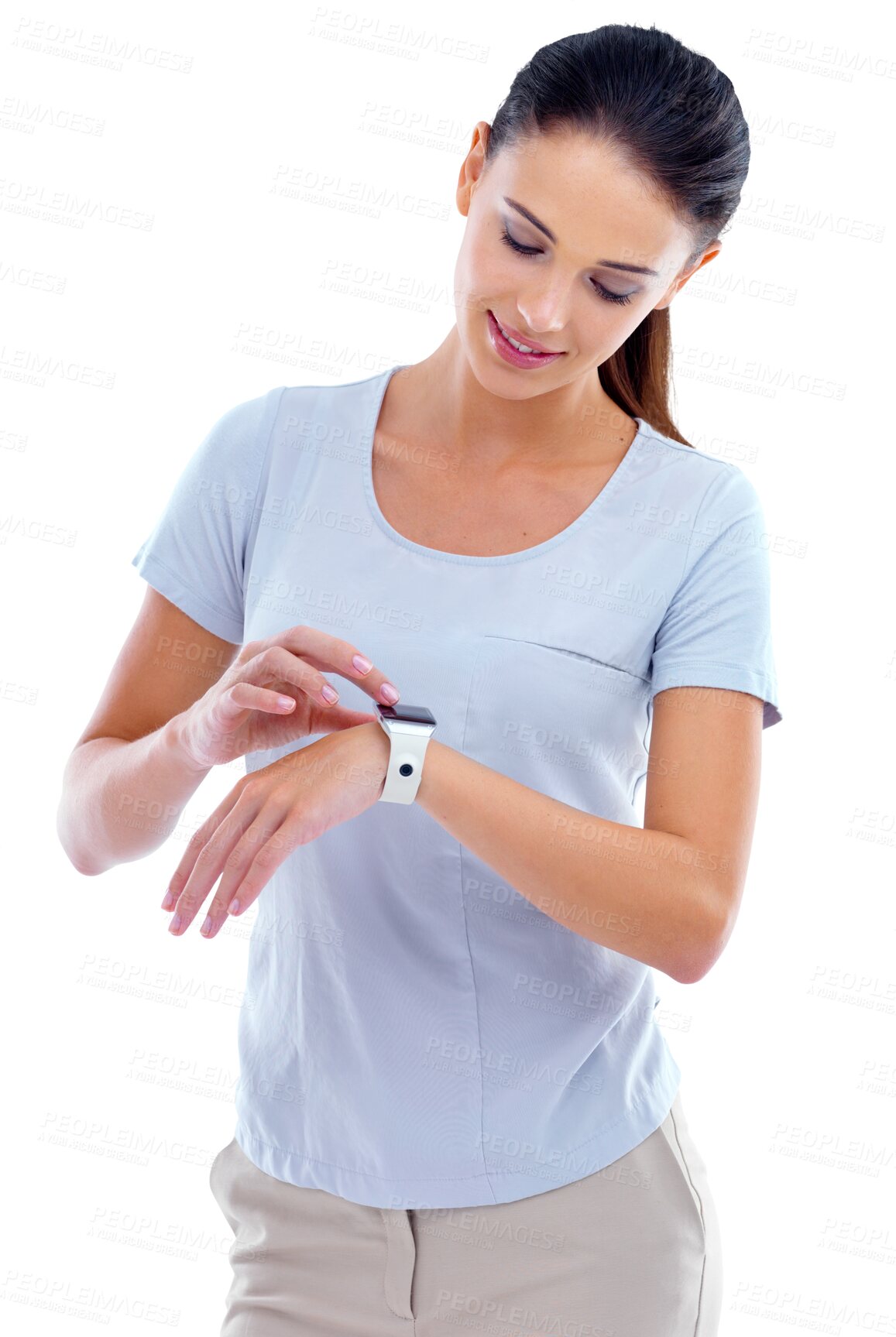 Buy stock photo Smart watch, check time and woman for schedule on isolated, png and transparent background. Clock, punctual and busy female person with wristband planning for alarm reminder, appointment and meeting