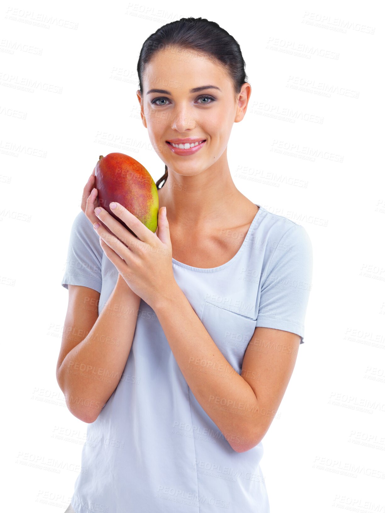 Buy stock photo Happy woman, portrait smile and mango for diet or natural nutrition isolated on a transparent PNG background. Female person or model smiling and holding organic fruit for healthy fiber or wellness