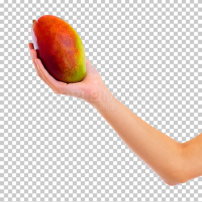 Buy stock photo Hand, mango and diet for natural nutrition, vitamin C or fiber isolated on a transparent PNG background. Closeup of person or model holding healthy organic fruit or food for vegan, eating or hungry