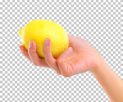 Buy stock photo Hand, lemon and diet for vitamin C, nutrition or health  isolated on a transparent PNG background. Hands of person holding healthy natural organic citrus fruit or food for vegan, detox or eating