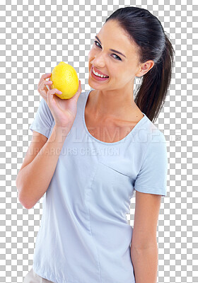 Buy stock photo Fruit, happy and portrait of woman with lemon on isolated, PNG and transparent background. Healthy female person with natural, organic citrus and diet snack for nutrition, wellness and vitamin c