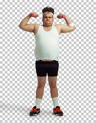 Buy stock photo Fitness, dumbbells and portrait of plus size man on isolated, png and transparent background. Sports, healthy body and determined male person ready for training, exercise and workout for weight loss