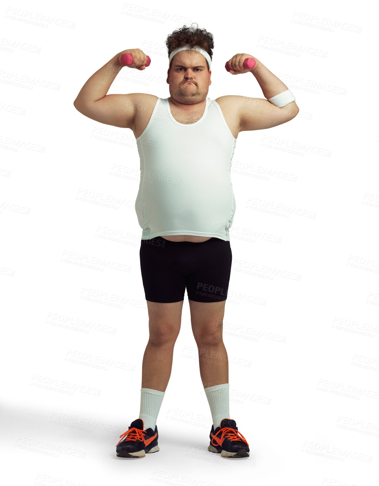 Buy stock photo Fitness, dumbbells and portrait of plus size man on isolated, png and transparent background. Sports, healthy body and determined male person ready for training, exercise and workout for weight loss