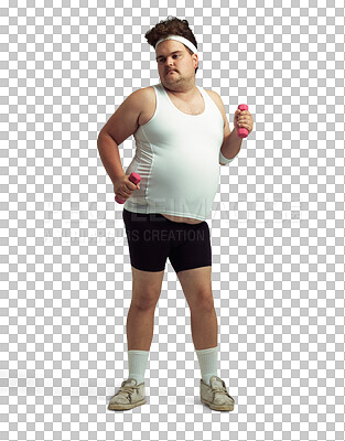 Buy stock photo Fitness, dumbbells and funny plus size man on isolated, png and transparent background. Sports, healthy body and comic male person ready for training, exercise and workout for weight loss or wellness