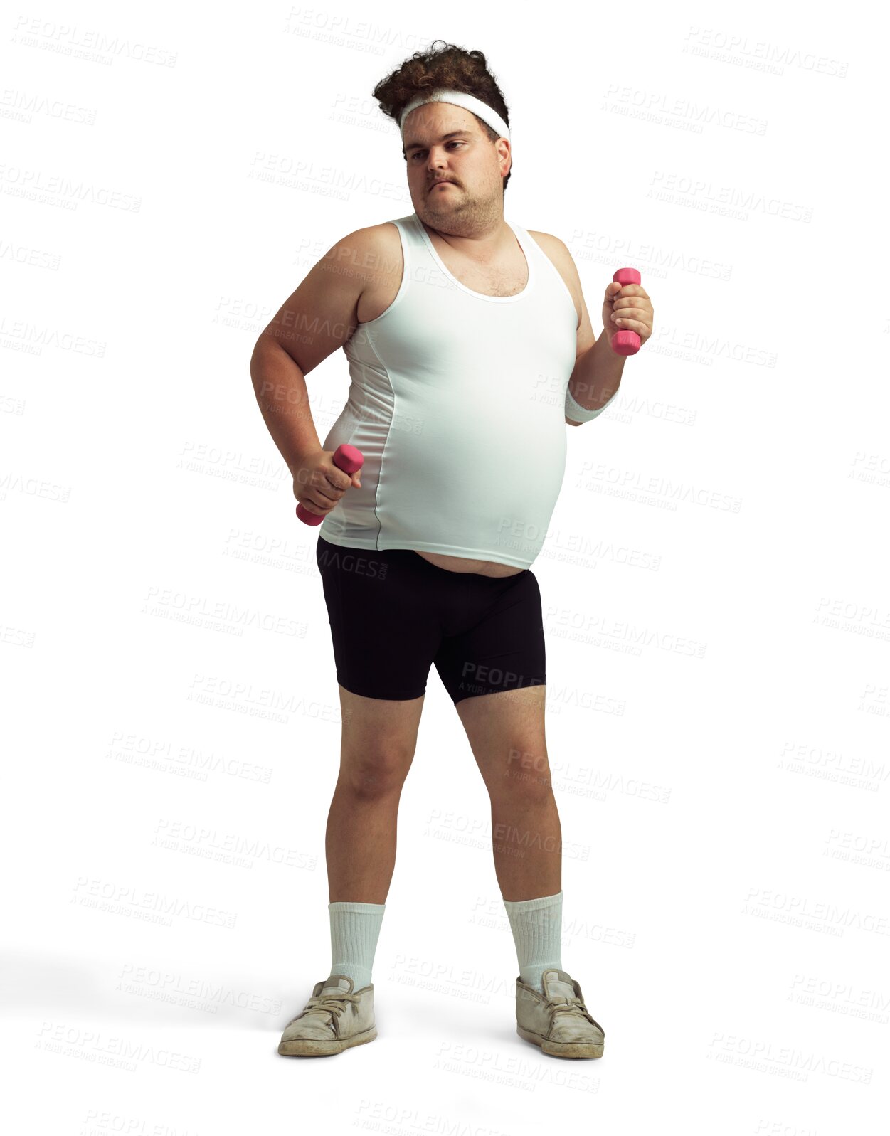 Buy stock photo Fitness, dumbbells and funny plus size man on isolated, png and transparent background. Sports, healthy body and comic male person ready for training, exercise and workout for weight loss or wellness