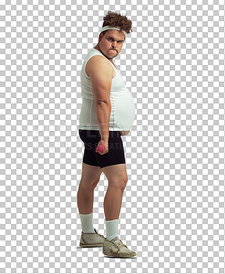 Buy stock photo Workout, weights and portrait of plus size man on isolated, png and transparent background for humor. Sports, body and funny male person for training, exercise and fitness for weight loss goals