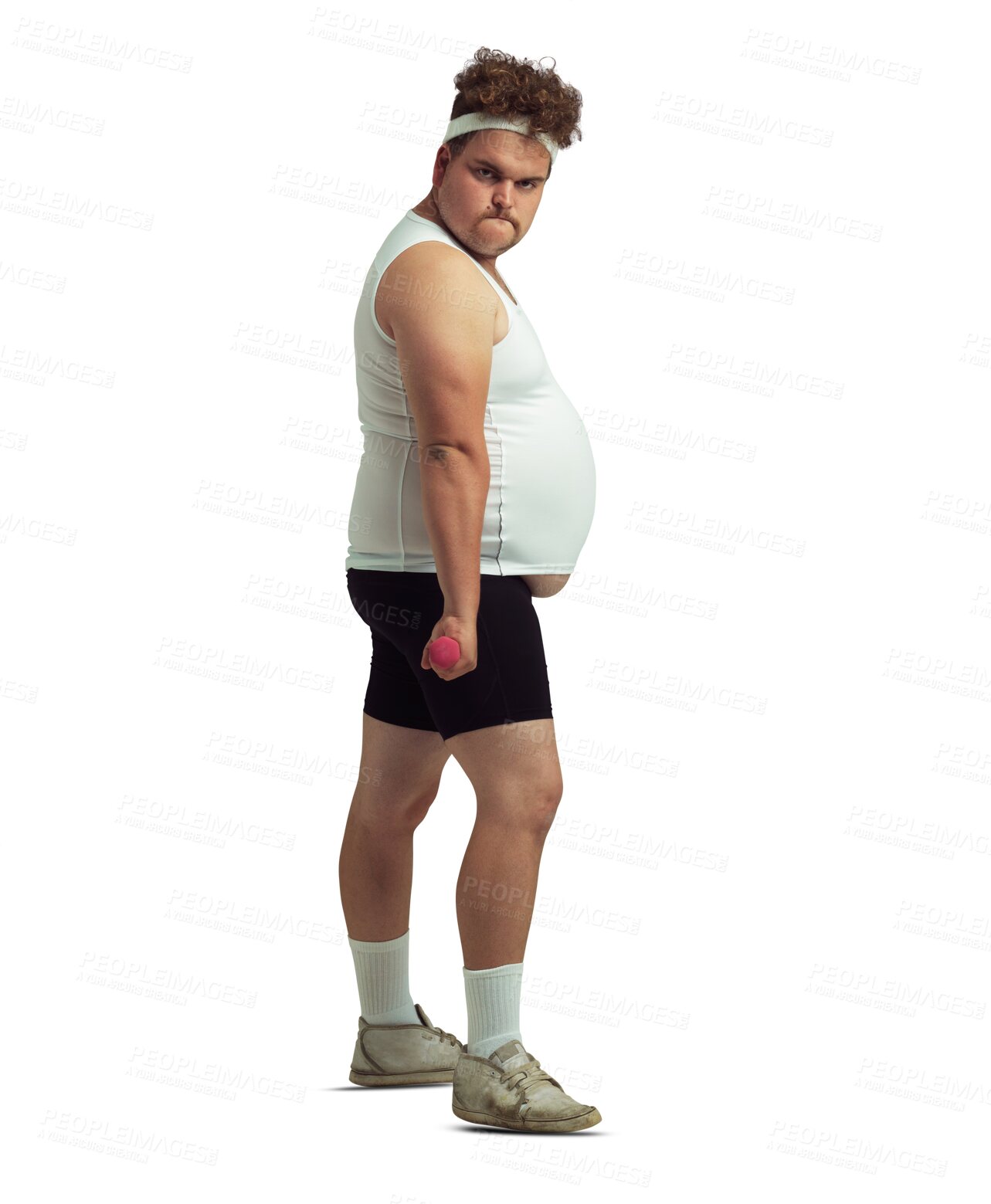 Buy stock photo Workout, weights and portrait of plus size man on isolated, png and transparent background for humor. Sports, body and funny male person for training, exercise and fitness for weight loss goals