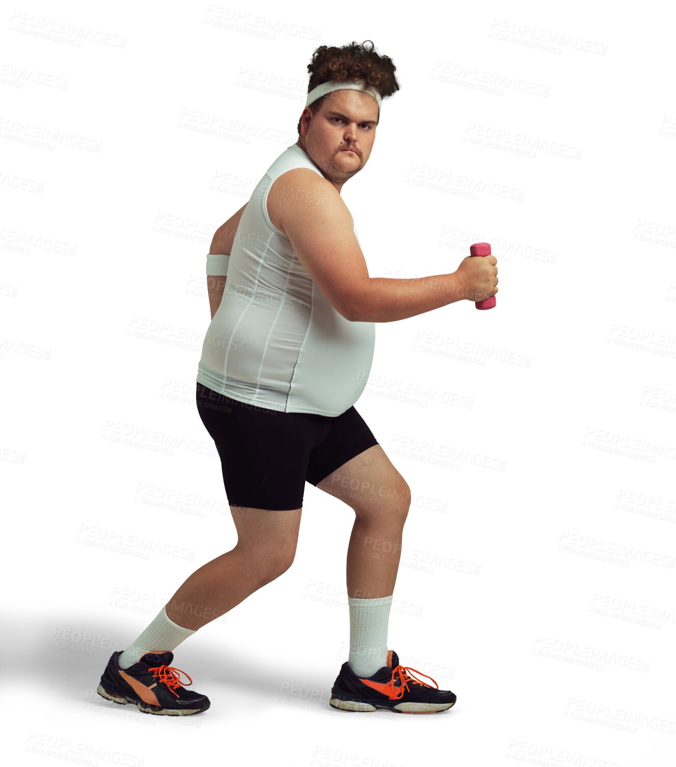 Buy stock photo Workout, dumbbells and portrait of plus size man on isolated, png and transparent background for humor. Sports, healthy body and funny male person for training, exercise and fitness to lose weight