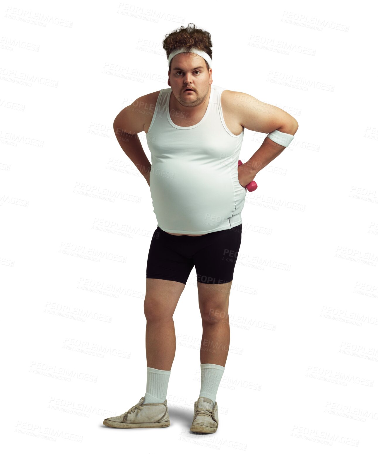 Buy stock photo Plus size, tired man and portrait with dumbbell for fitness, workout and exercise. Male person, break and isolated on a transparent, png background with weight lifting and sports for body progress