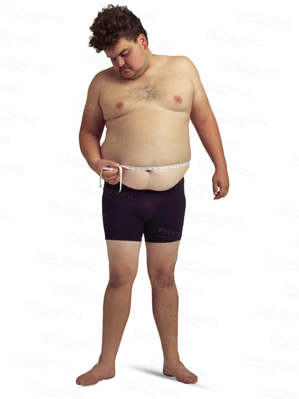 Buy stock photo Plus size, stomach and man with measuring tape for lose weight, health or body goals on isolated, transparent and png background. Belly, measure and male person with bmi progress at the start of diet