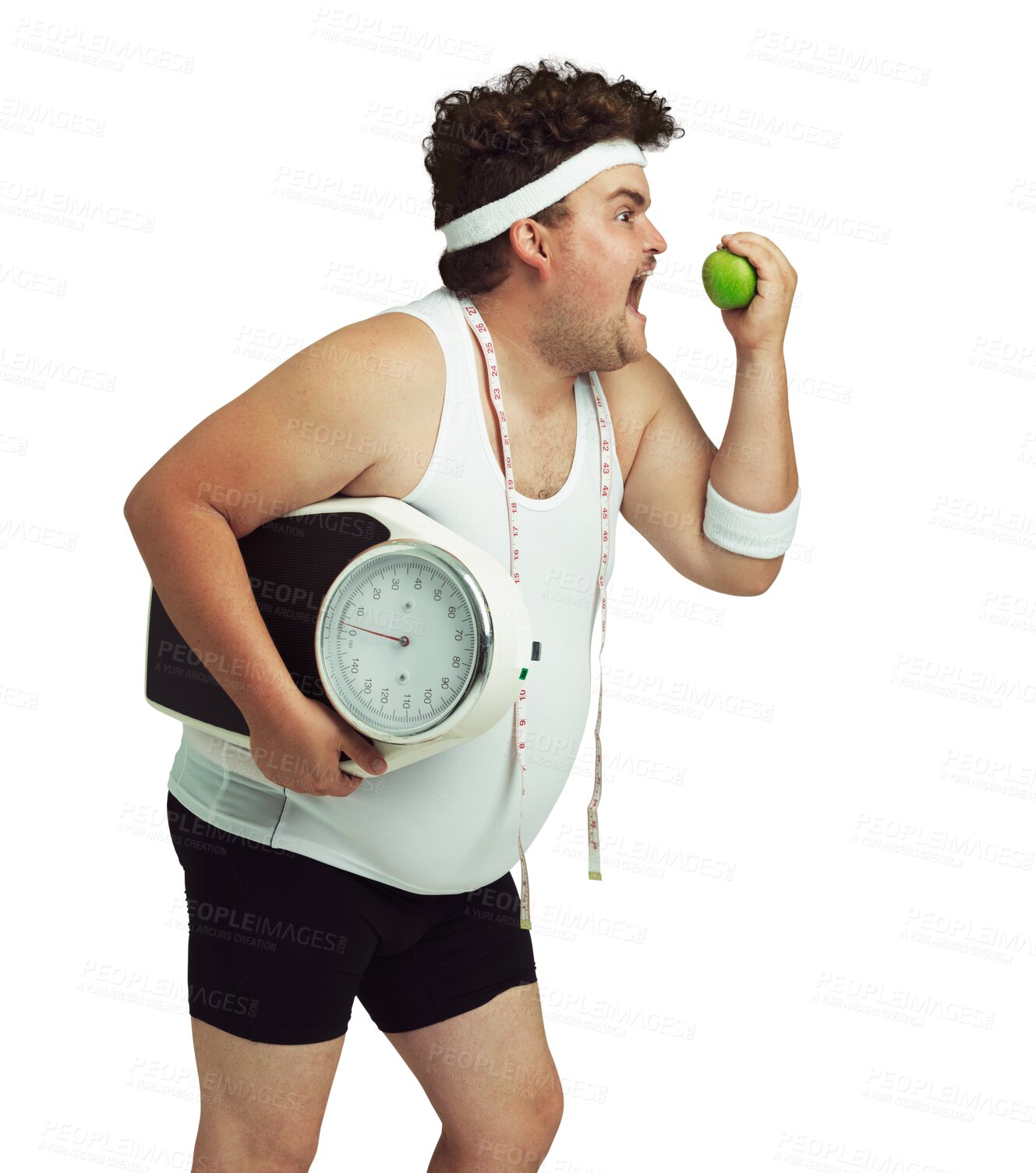 Buy stock photo Apple, eating and scale of a plus size man with health and wellness goal for weight loss. Funny male person, fruit and isolated on a transparent, png background with tape measure for body progress