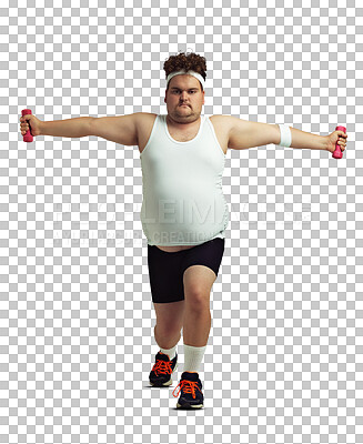 Buy stock photo Lunge, dumbbells and portrait of plus size man on isolated, png and transparent background for healthy body. Fitness, wellness and funny male person for training, exercise and workout to lose weight