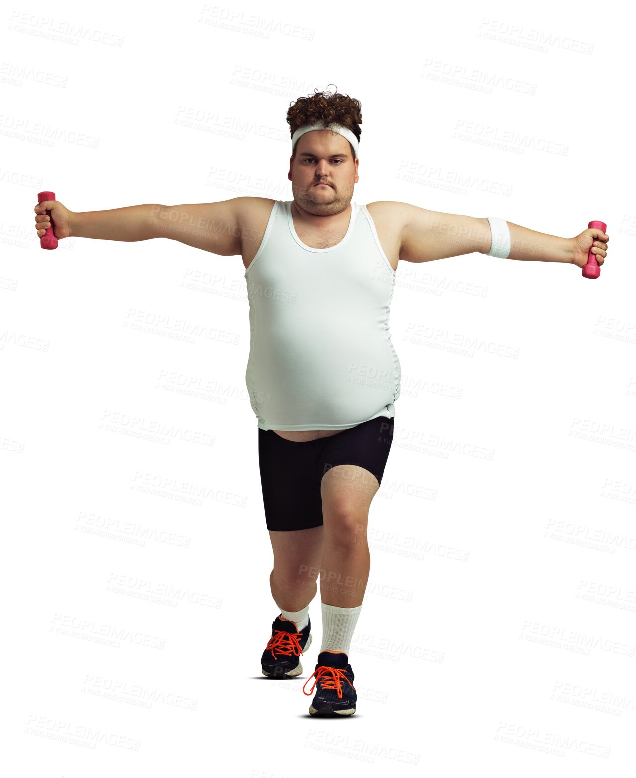 Buy stock photo Lunge, dumbbells and portrait of plus size man on isolated, png and transparent background for healthy body. Fitness, wellness and funny male person for training, exercise and workout to lose weight