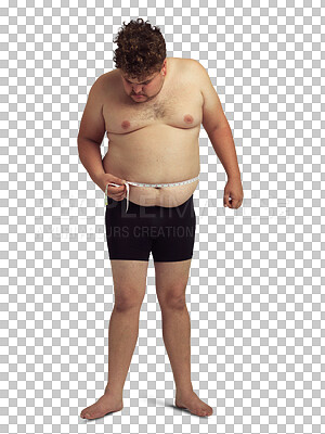 Buy stock photo Tape measure, stomach and plus size man ready for change, transformation or diet on transparent, isolated or png background. Tummy tuck, lose weight and male with measuring for bmi, detox or check