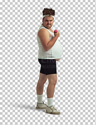 Buy stock photo Exercise, dumbbells and portrait of plus size man on isolated, png and transparent background. Sports, healthy body and funny male person ready for training, fitness and workout for weight loss