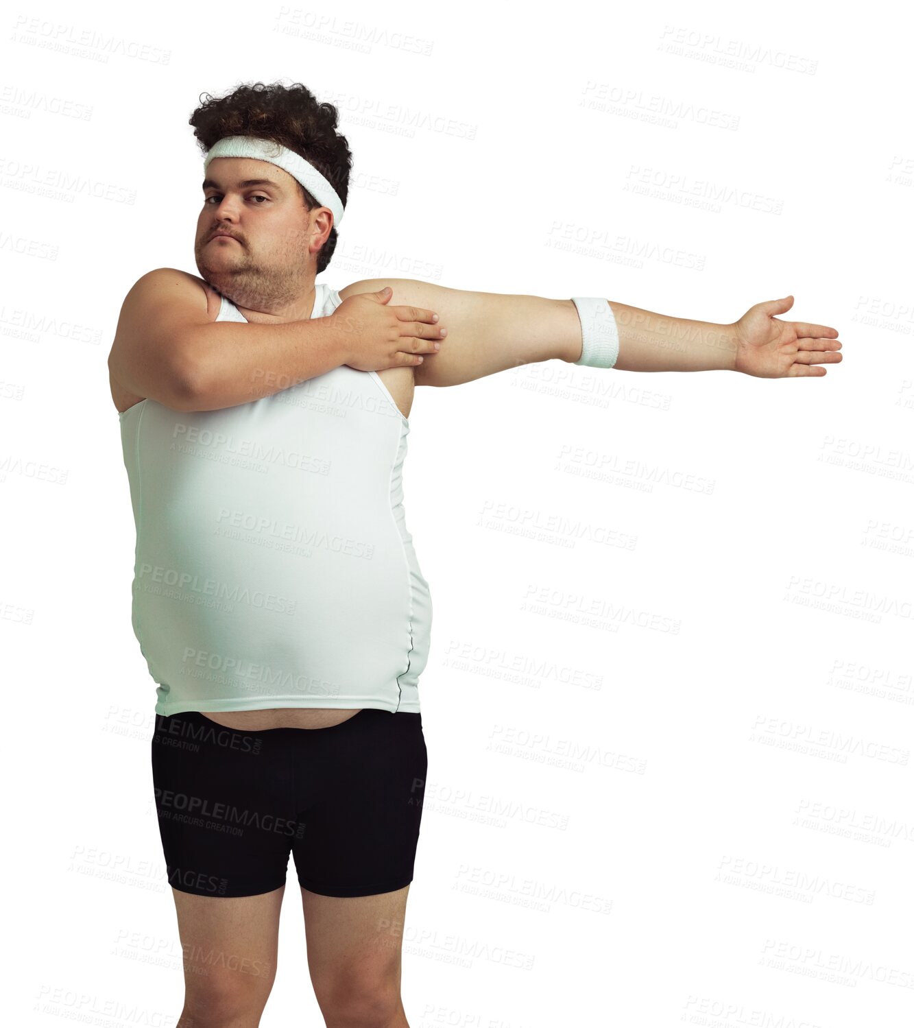 Buy stock photo Workout, portrait and plus size man stretching arm, shoulder and to start exercise, weight loss or fitness. Wellness, challenge and person warm up for training isolated on transparent, png background
