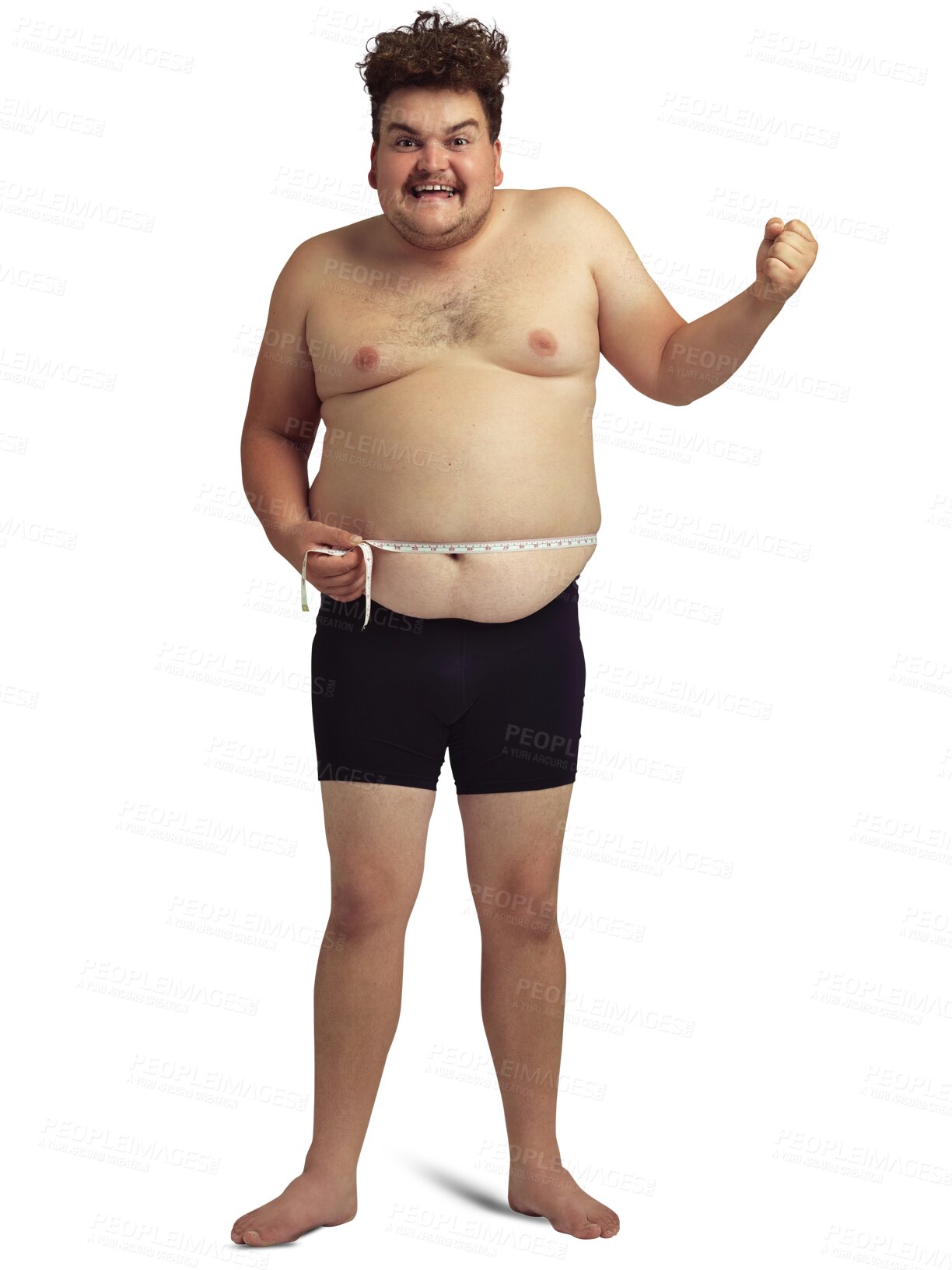 Buy stock photo Comedy, tape measure and portrait of plus size man with goal of weight loss progress. Male person, smile and isolated on transparent png background to check stomach for success, motivation and fist