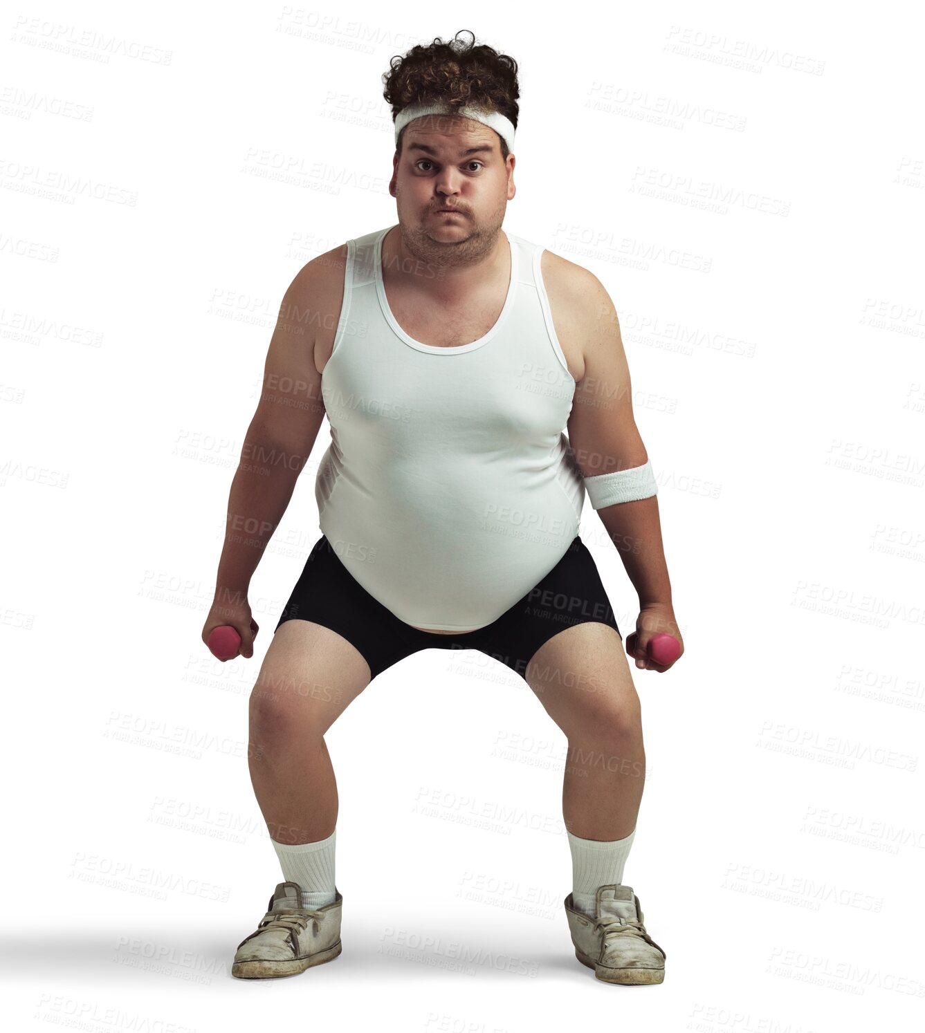 Buy stock photo Squat, weights and portrait of plus size man on isolated, png and transparent background. Sports, fitness and funny male person with dumbbells for training, exercise and workout for weight loss