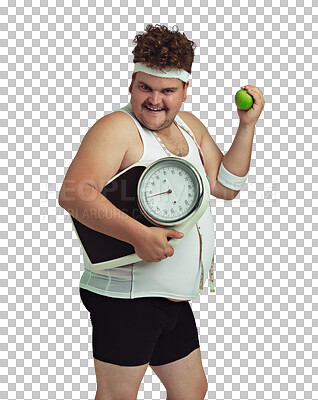 Buy stock photo Apple, weight scale and plus size man in portrait for diet, healthy goals and a funny smile. Male person, fruit and isolated on a transparent, png background while ready for workout with silly face