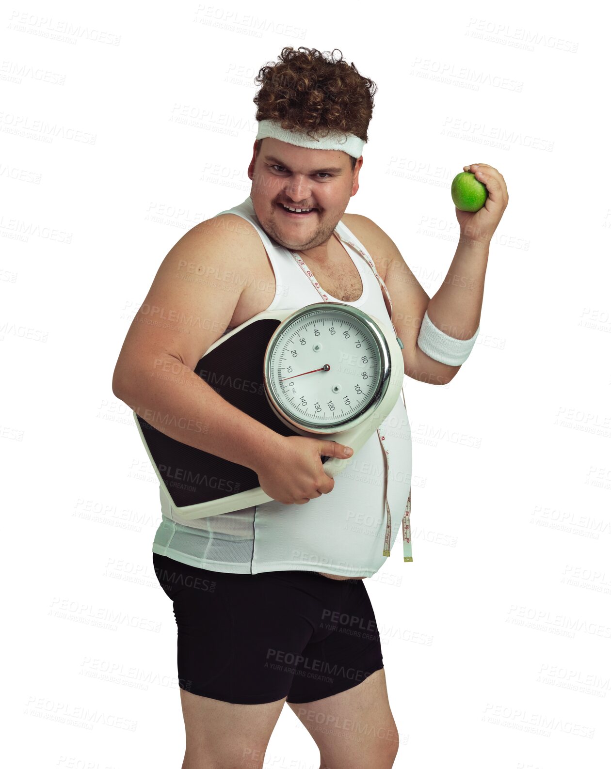 Buy stock photo Apple, weight scale and plus size man in portrait for diet, healthy goals and a funny smile. Male person, fruit and isolated on a transparent, png background while ready for workout with silly face