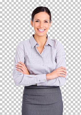 Buy stock photo Business woman, boss portrait and arms crossed of professional isolated on a transparent, png background. Corporate, female person and smile with confidence and entrepreneur success from career