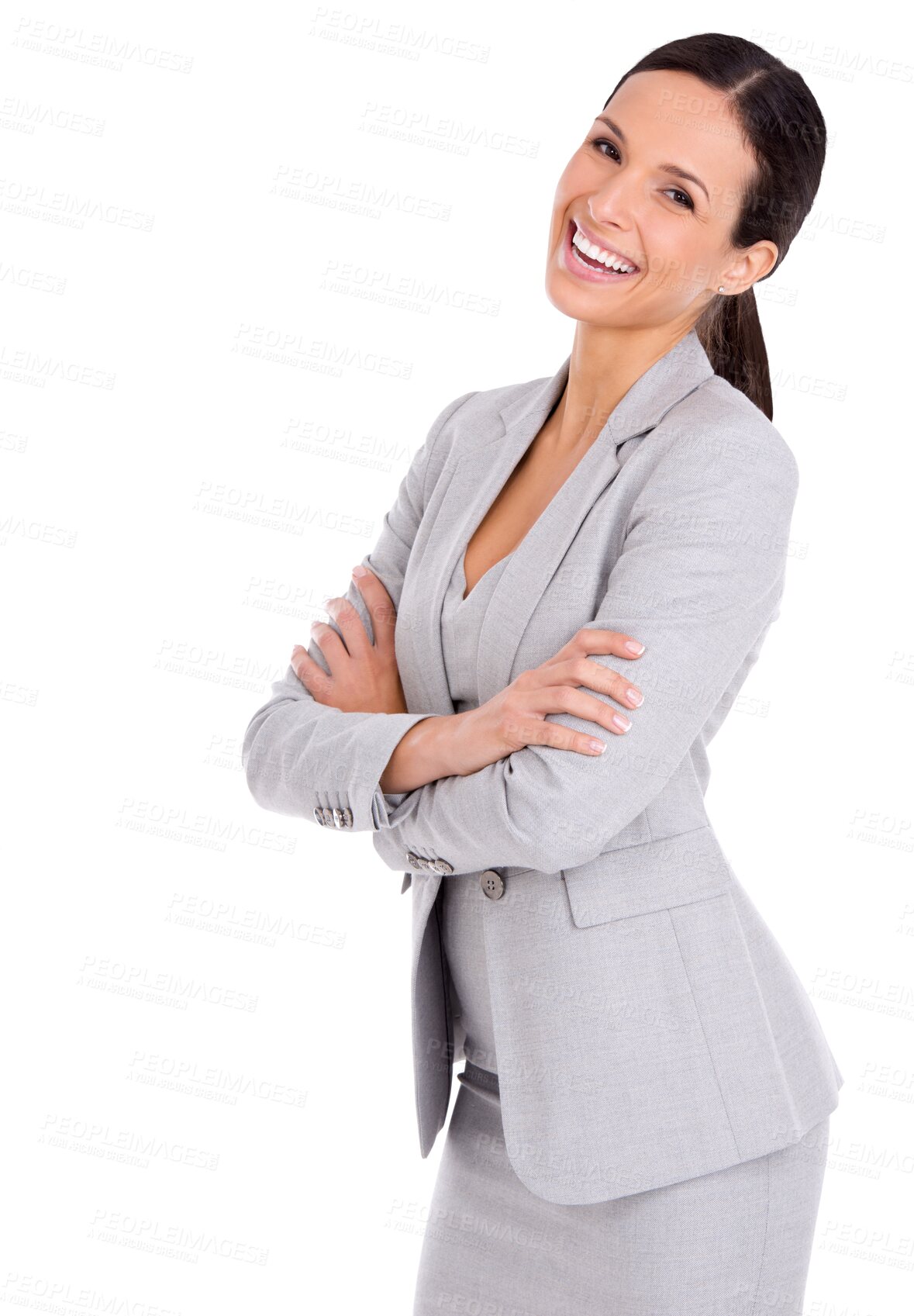 Buy stock photo Happy, business woman and arms crossed portrait with professional fashion and smile. Female worker, confidence and isolated on a transparent, png background with corporate style and success in Brazil