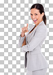 PNG of a studio portrait of an attractive businesswoman pointing at the camera.