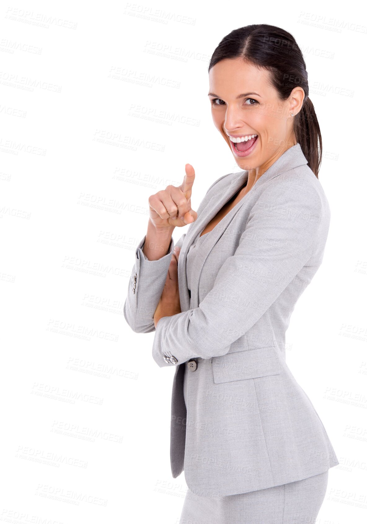 Buy stock photo Recruitment, business woman and pointing at you portrait with professional contact us and happy smile. Female worker, confidence and isolated on a transparent, png background with corporate hiring