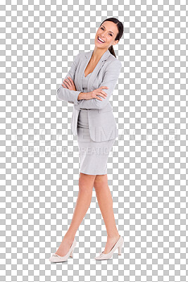 Buy stock photo Corporate, business and portrait of happy woman with crossed arms on isolated, png or transparent background. Professional fashion, smile and female person with success mindset, confidence and pride