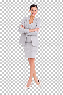 Buy stock photo Corporate, crossed arms and portrait of professional woman on isolated, PNG and transparent background. Business fashion, happy and female person smile with success mindset, confidence and pride