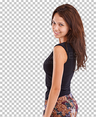 Buy stock photo Woman, portrait and smile with modern and stylish fashion isolated on a transparent, png background. Happy, female person and beauty with trendy and elegant clothing with confidence and youth