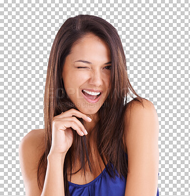 Buy stock photo Wink, portrait and woman with crazy, fun and confident expression on isolated, transparent and png background. Winking, face and female with emoji, personality and positive, attitude or aesthetic  