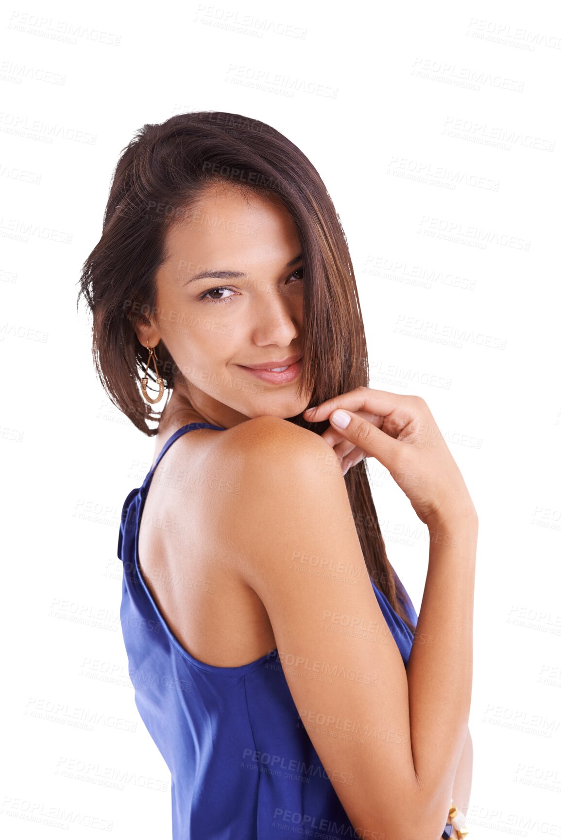Buy stock photo Woman, portrait and natural beauty with modern and stylish fashion isolated on transparent, png background. Happy female person from Brazil with trendy and cool clothing with confidence and smile